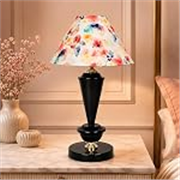 tu casa Modern Brilliance Black Metal Table Lamp for Home Decoration, Bedroom, Living Room, Lounge, Office, Festival Gifting, Study Table (Flower Print with Satin Shade) H – 17″ / No Blub